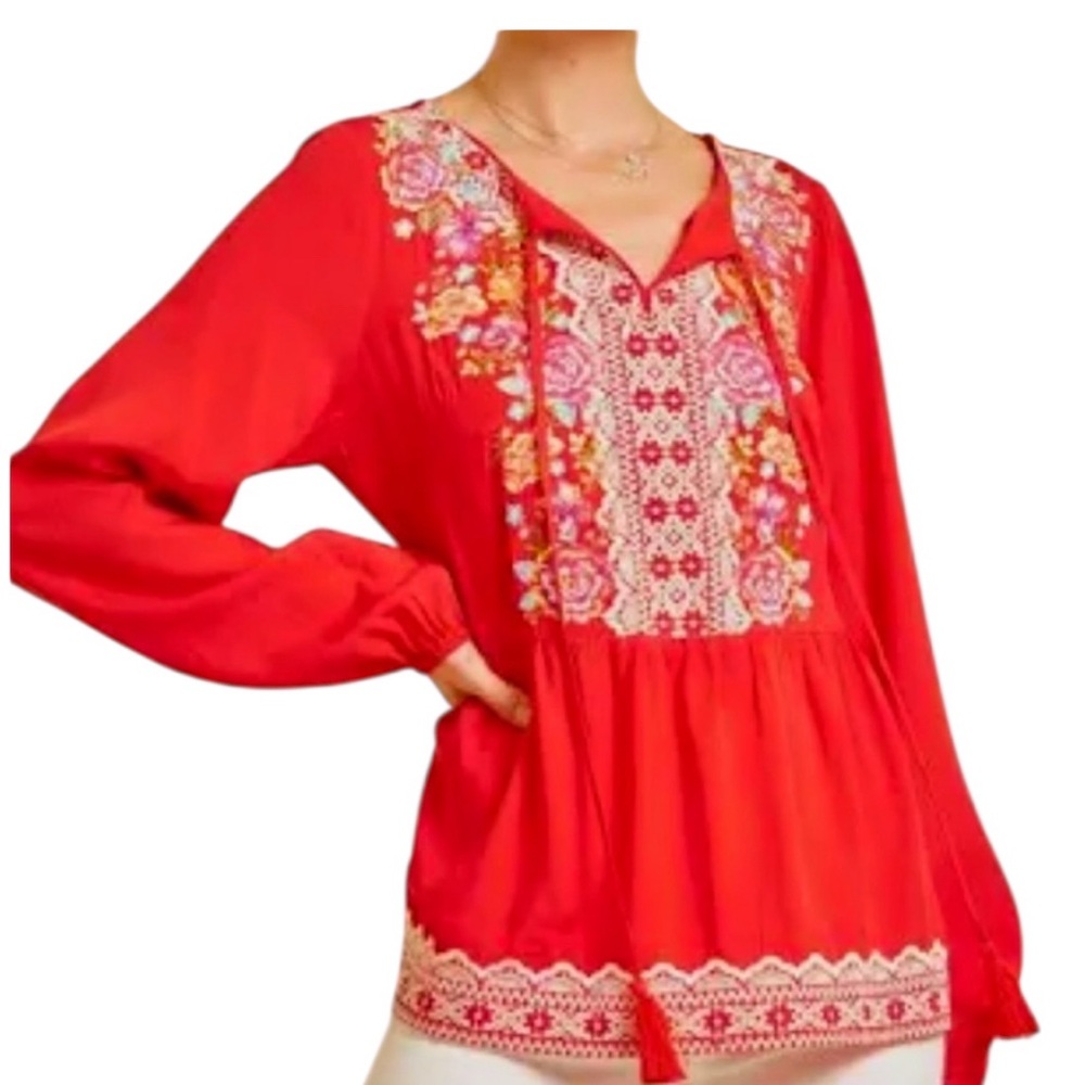 Savanna Jane Embroidered Peplum Tassel Tie Front Blouse in Red, Size Medium
